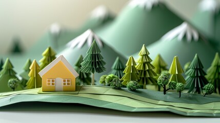 Papercraft miniature landscape: A yellow house in a green origami forest with snowy mountains. Handmade diorama background, ideal for ecology, real estate, or creative project concepts.