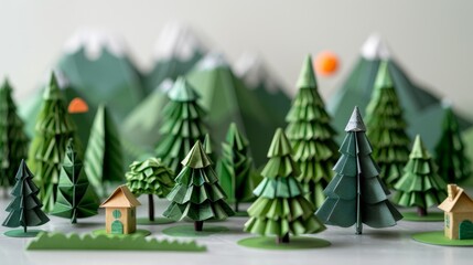 A miniature landscape of a green origami forest and paper mountains. Selective focus on handmade papercraft, ideal for creativity, ecology, or DIY project concepts and backgrounds.
