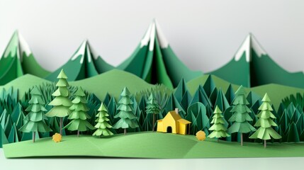 3D miniature papercraft landscape with green mountains, snowy peaks, pine forest, and a yellow cabin. Banner design for ecology, travel, or outdoor adventure concepts. Digital art on an isolated backg