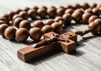 Contemplative composition featuring a wooden rosary bead on a rustic wooden surface reflecting