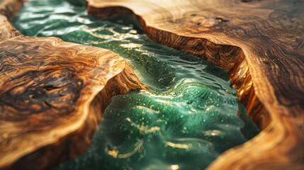 Abstract macro detail of green epoxy resin flowing between live-edge wood slabs. Luxury texture background for modern river table, countertop, or interior design. Shiny emerald and natural golden wood