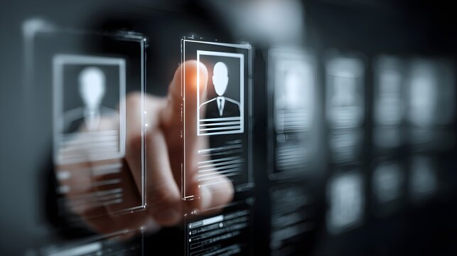 HR tech interface: manager reviewing online resumes via digital network system. Smart recruitment solution for matching qualified candidates with company needs using tech-enhanced hiring tools jpg