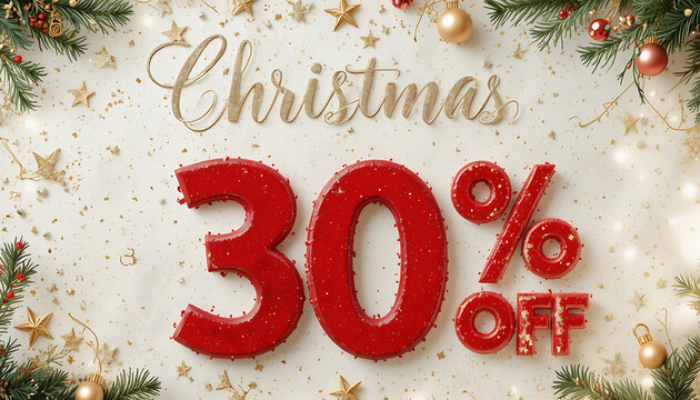 Christmas thirty percent off with ornaments and pine branches on white background 4k and hd image