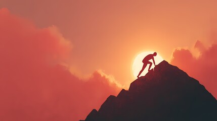 A silhouette of a climber ascending a rocky peak against a vibrant sunset