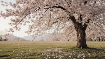 Beautiful Cherry Blossom Tree in Full Bloom in a Serene Spring Landscape.