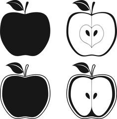 Black and white vector illustrations of whole and halved apples with leaves fruit