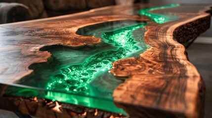 Close-up of glowing green epoxy resin river flowing through natural live-edge wood. Modern custom furniture detail, abstract background texture, and concept for luxury interior design or woodworking 