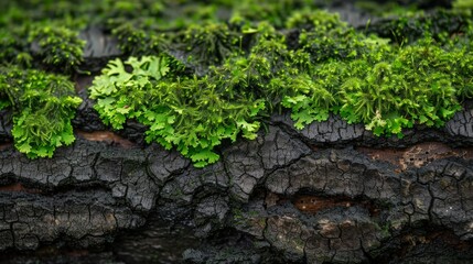 Macro close-up of green moss and lichen on dark, cracked tree bark. Strong texture and color contrast. Symbolizing growth, forest, and nature background.