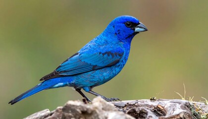 Vibrant blue bird perched on log