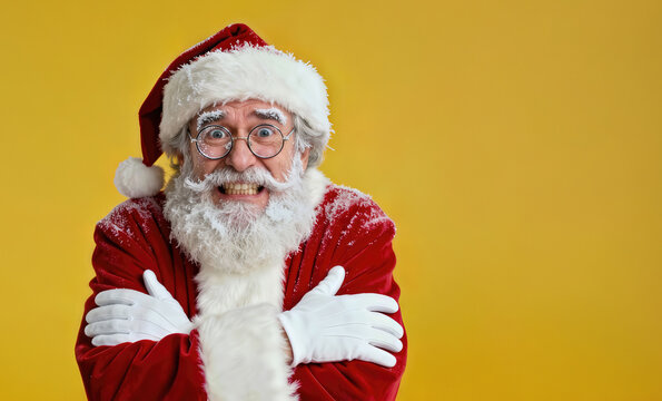 Santa is freezing from the cold, his face is covered in frost and his teeth are chattering, and on a yellow background