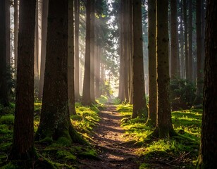 Obraz premium Sunlight path through a misty forest
