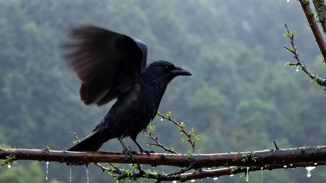 hubris. A rain-soaked crow shaking its wings on a branch with water droplets flying. wildlife magazines, conservation campaigns, designed for wildlife conservation campaigns, celebrates biodiversity.