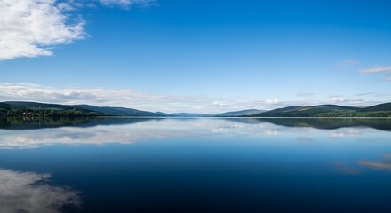 Fototapeta premium Serene mountain lake with perfect sky and cloud reflection on calm blue water surface
