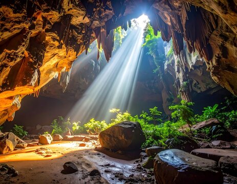 Sunlight streams into a cave, illuminating the interior