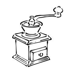 コーヒーミルの手書きイラスト　モノクロ