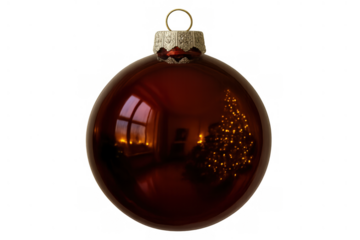 Reflecting christmas tree lights in a shiny brown glass bauble, holiday decoration on transparent background