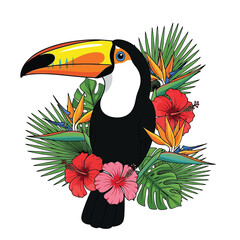 Obraz premium Vibrant Tropical Toucan with Exotic Flowers and Jungle Foliage