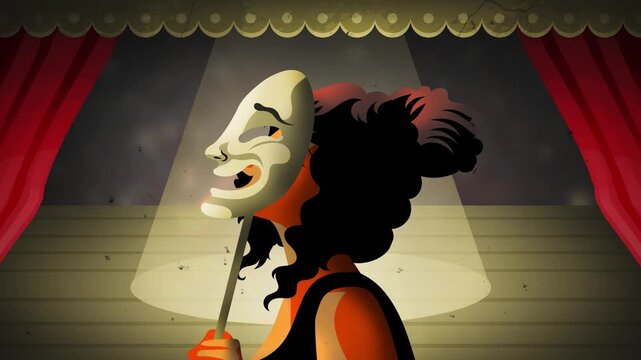 comedy muse emerging on stage behind red curtain