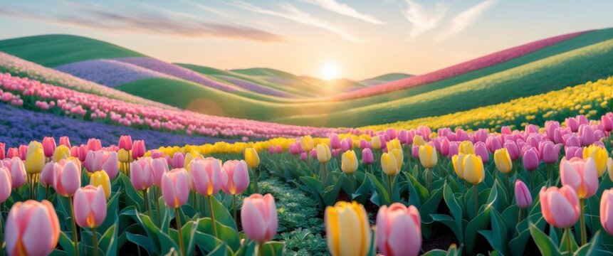 Vibrant Colorful Flower Field at Sunrise with Tulips in Various Shades Among Rolling Hills and Lush Green Grass