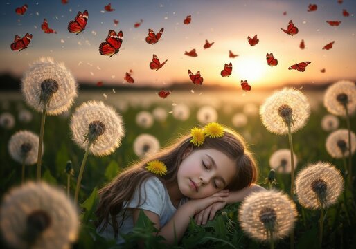 Fototapeta Dreamy meadowscape: a young girl peacefully rests among dandelions, adorned with butterflies at dusk