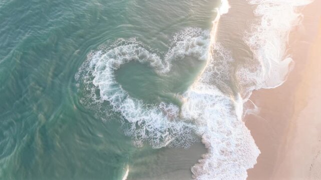 top down view of ocean waves forming heart shape naturally, pastel tone, meditative mood