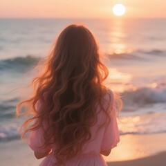 4k high quality Ai generative HD photo realistic silhouette shadow sunset sunrise woman lady girl beach ocean sea wave pretty beautiful sky watching see brown long hair curly wavy back side pink