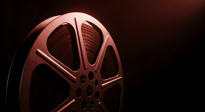 Close-up 3D render of a vintage film reel against a moody, dark background with dramatic red lighting, symbolizing cinema, movie production, or media technology
