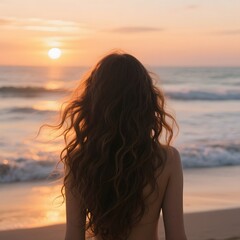 4k high quality Ai generative HD photo realistic silhouette shadow sunset sunrise woman lady girl beach ocean sea wave pretty beautiful sky watching see brown long hair curly wavy back side right