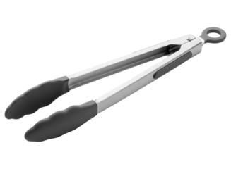 Stainless steel kitchen tongs with black silicone tips for cooking and serving