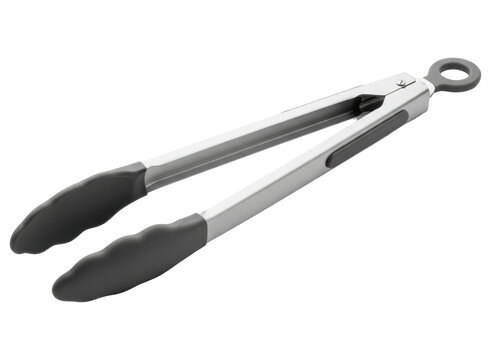 Stainless steel kitchen tongs with black silicone tips for cooking and serving