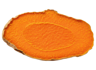 Vibrant orange cross section of fresh turmeric root, rich in curcumin