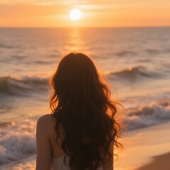 4k high quality Ai generative HD photo realistic silhouette shadow sunset sunrise woman lady girl beach ocean sea wave pretty beautiful sky watching see brown long hair curly wavy backside front shine