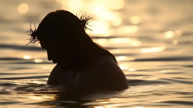 silhouette of a figure with a crown of thorns immersed in rippling water bathed in warm golden light during peaceful sunset hours