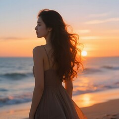 4k high quality Ai generative HD art photo realistic silhouette shadow sunset sunrise woman lady teen girl beach ocean sea wave pretty beautiful sky watching see brown hair curly wavy backside left