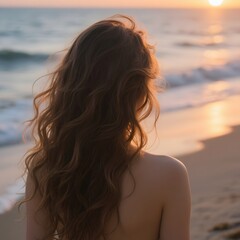 4k high quality Ai generative HD art photo realistic silhouette shadow sunset sunrise woman lady teen girl beach ocean sea wave pretty beautiful sky watching see brown hair curly wavy zoom