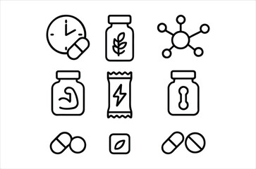 Collection of healthcare and wellness related icons in simple line art style