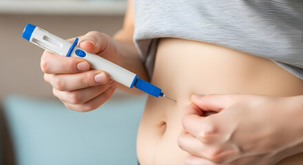 Close-up of a woman injecting insulin into her abdomen using an insulin pen, demonstrating diabetes management and healthcare.