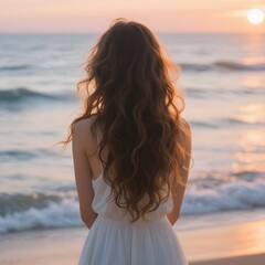 4k high quality Ai generative HD art photo realistic silhouette shadow sunset sunrise woman lady teen girl beach ocean sea wave pretty beautiful sky watching see brown hair curly wavy back side front