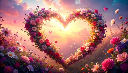 Vibrant floral heart at sunrise