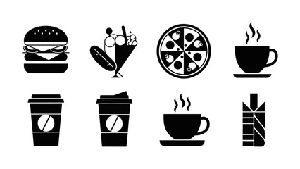 Minimalist Black and White Food Icons: Burger, Dessert, Pizza, and Drinks