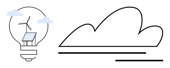 Light bulb with solar panel and wind turbine next to abstract cloud. Ideal for sustainability, green energy, innovation, eco-friendly tech, future planning, cloud storage, simple flat metaphor