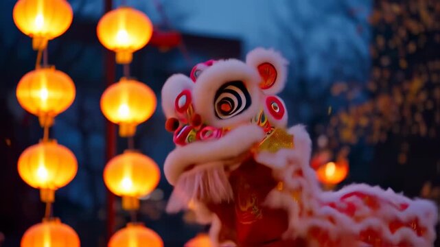 celebrating lunar new year with traditional lion dance performance, vibrant colors, and festive decorations enhance joyful atmosphere, full of energy