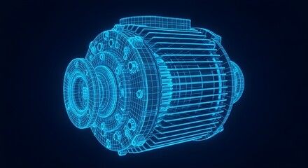 Train engine Blue wireframe blueprint of an industrial electric motor on dark background 3D model