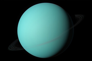 Pale cyan planet Uranus with faint rings captured against black space background reflecting soft sunlight