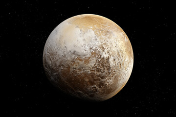 Detailed view of Pluto showing its icy surface and light brown and white patches against the cosmos in high resolution
