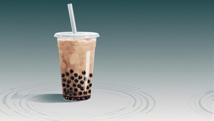 Refreshing Bubble Tea Drink with Tapioca Pearls and Straw.
