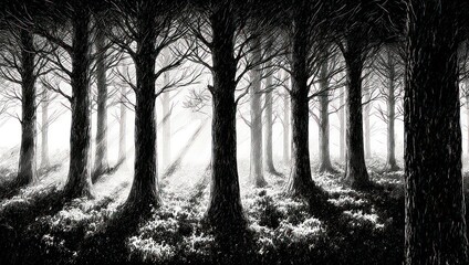 Mysterious Forest Scene - Black and White Trees and Shadows.