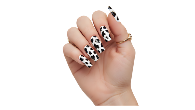 Hand with cow print press on nails trendy nail art design isolated on white background for beauty and fashion concepts