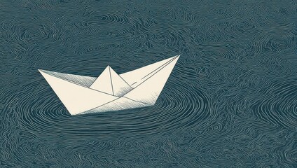 A solitary white paper boat floats on dark blue water creating ripples.