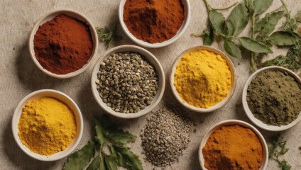 A vibrant overhead shot of various colorful spices and herbs in small white bowls, arranged on a textured surface, showcasing a rich palette of culinary ingredients.